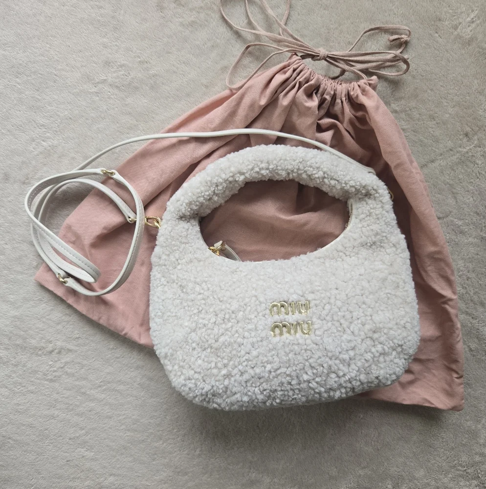 Miu Miu Cream Wander Shearling Hobo Handbag/Crossbody